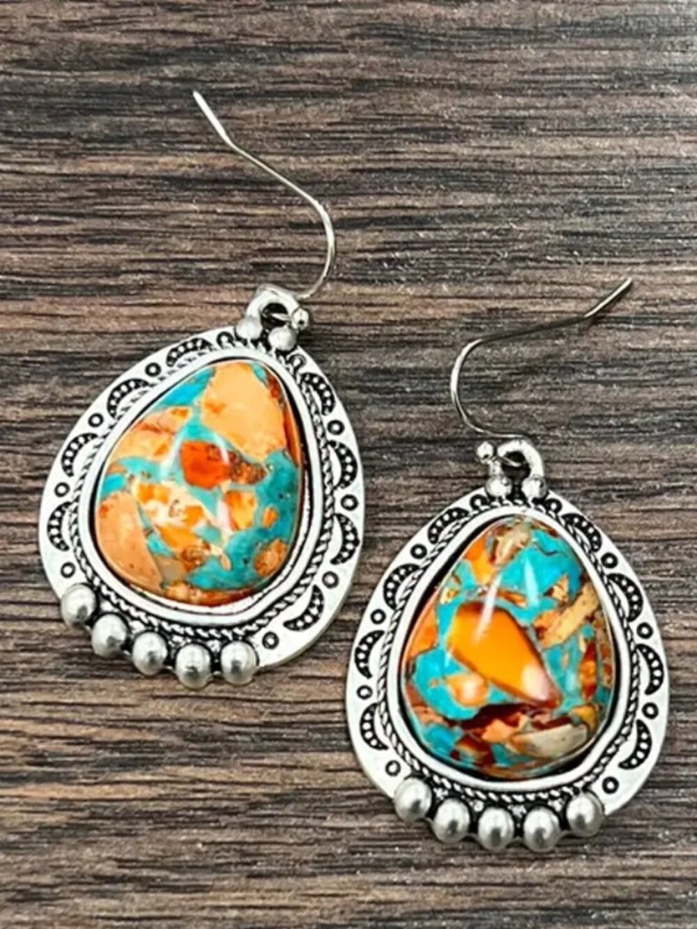 Orange Turquoise Teardrop Earrings Western Boho Rodeo Southwestern Dangle
